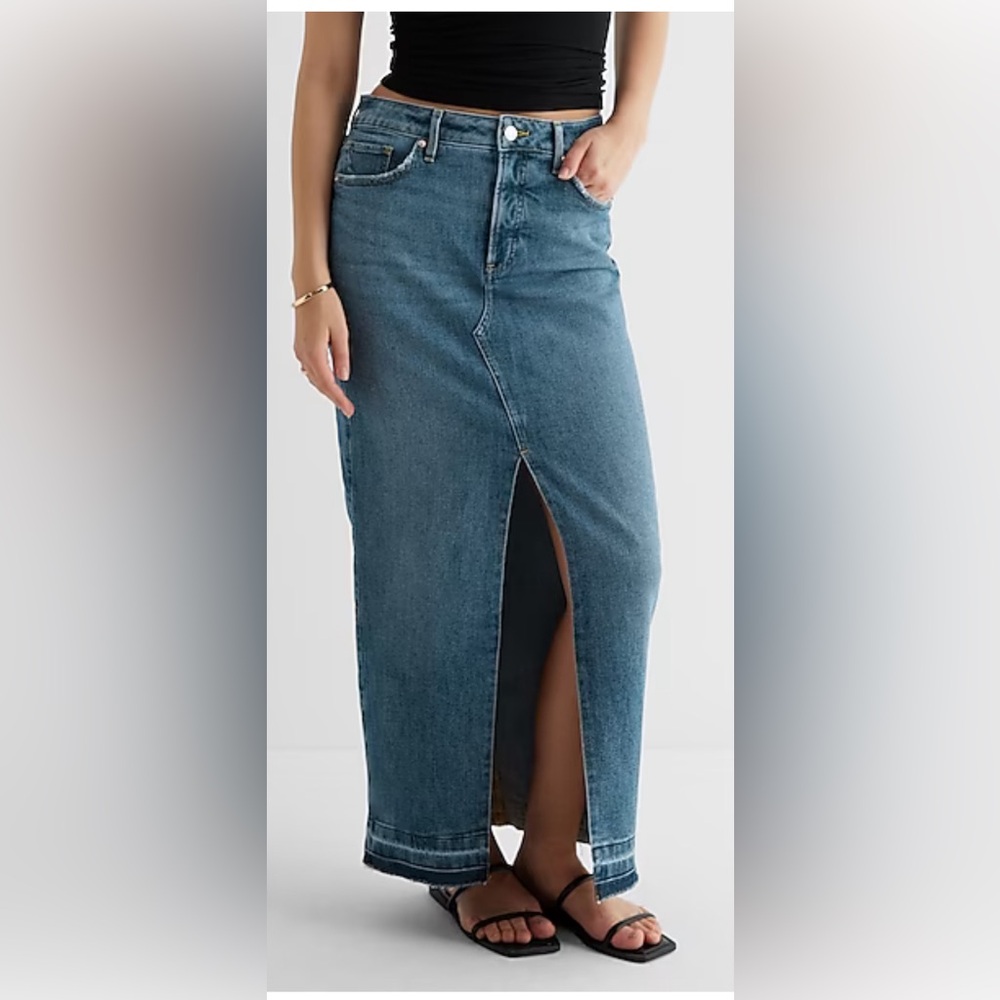 EXPRESS High Waisted Drop Hem Front Slit Maxi Denim Skirt